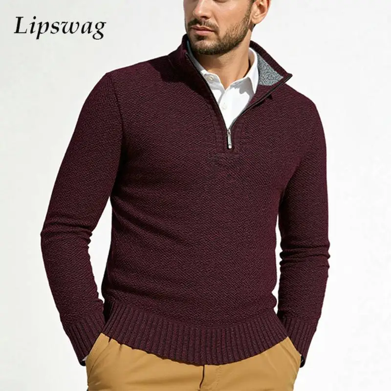

Fall Winter Mens Casual Sweaters Slim Fit Long Sleeve Zipper Stand Collar Knit Jumpers Men Vintage Solid Color Knitted Sweater