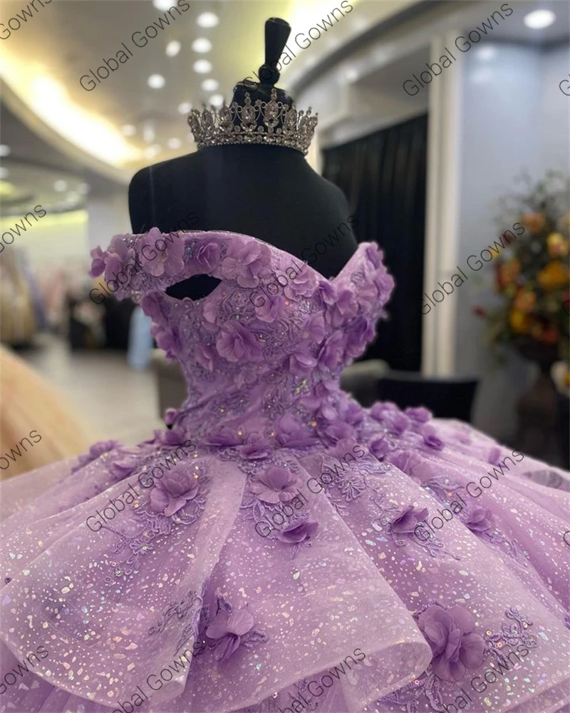 Vestido de baile de quinceañera para niñas, vestido de princesa Lila, púrpura, hombros descubiertos, flores en 3D, dulces 16, vestidos de fiesta de cumpleaños, Lac