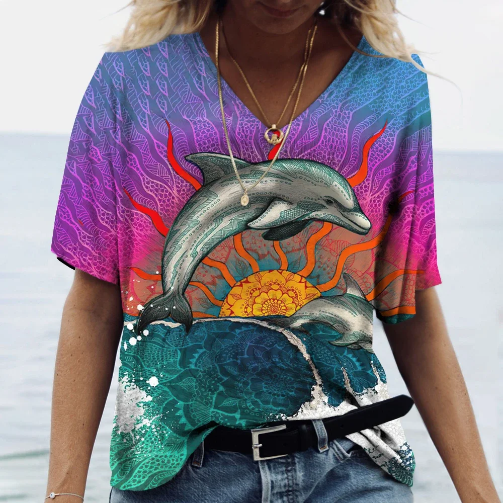 2024 Women's T-shirt Top V-neck 3D Printed Dolphin Fashion Women's Retro clothing Aesthetic T-shirt Loose oversized fun T-shirt