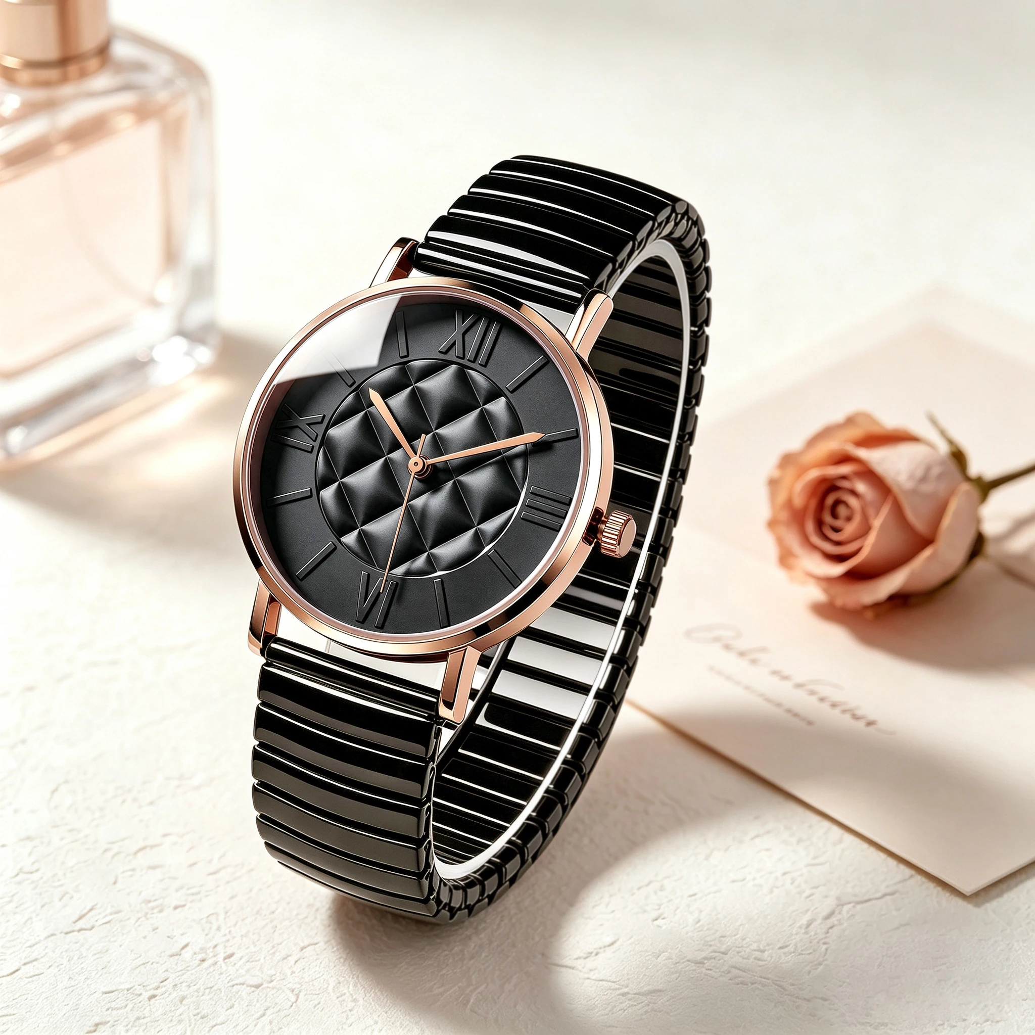 Rhombus Embossed Dial Women Quartz Watch Rose Gold Case Roman Numerals Elastic Band Elegant Ladies Watches