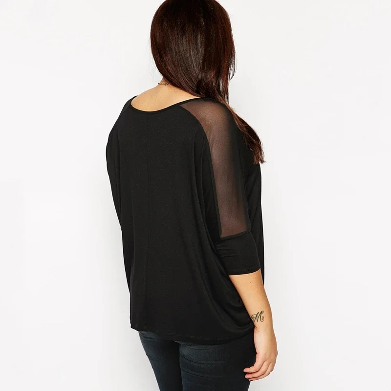 Plus Size Summer Elegant Loose Blouse Women 3/4 Batwing Sleeve Mesh Panel Black Loose Oversize Top Large Size Casual T-shirt 6XL