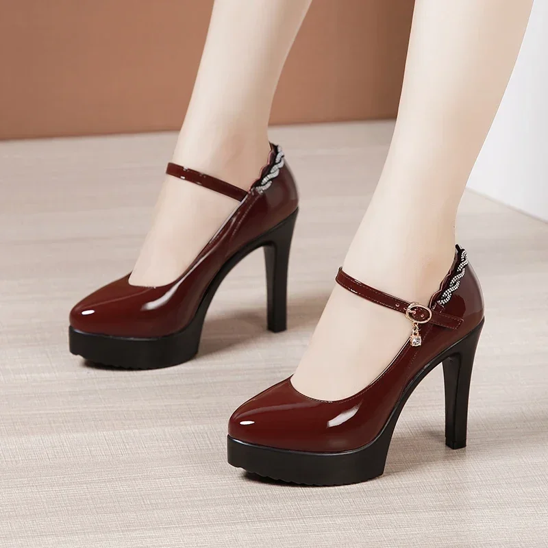 11cm Small Size 32-43 Patent Leather Thin High Heels Shoes Crystal Fall 2024 Shallow Platform Pumps Women for Model Party Dress