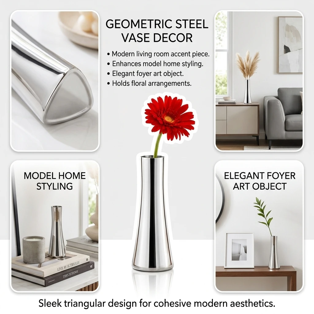 Modern Home Decor Flower Vase Triangular Geometric Metal Vessel for Living Room Office Desktop Mirror Polished Ornament