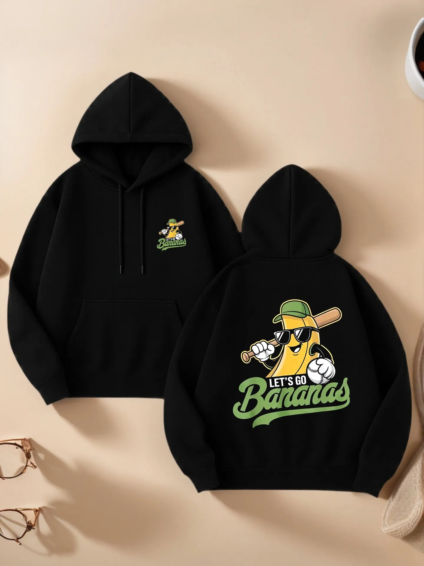 

Bananas Graphic Print Essential Hoodie, Cute Aesthetic Design, Cotton Blend, Casual Everyday Wear for Teens