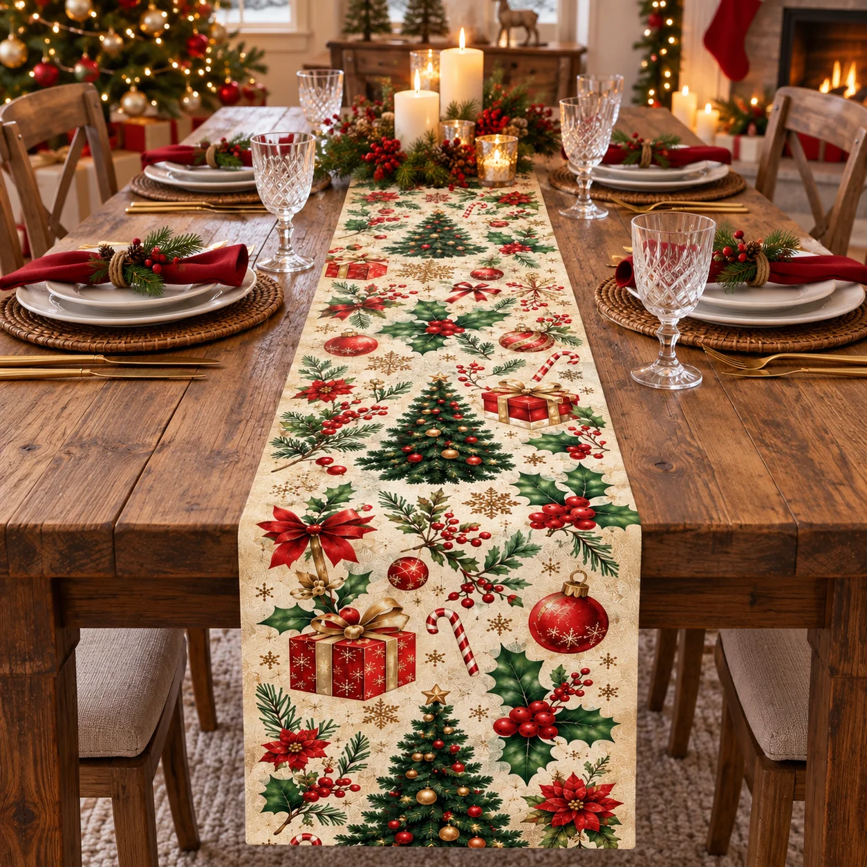 Vintage Farmhouse Christmas Table Runner, Tree Snowflake Candy Cane Pattern, Winter Table Decoration for Dining Room Family Xmas