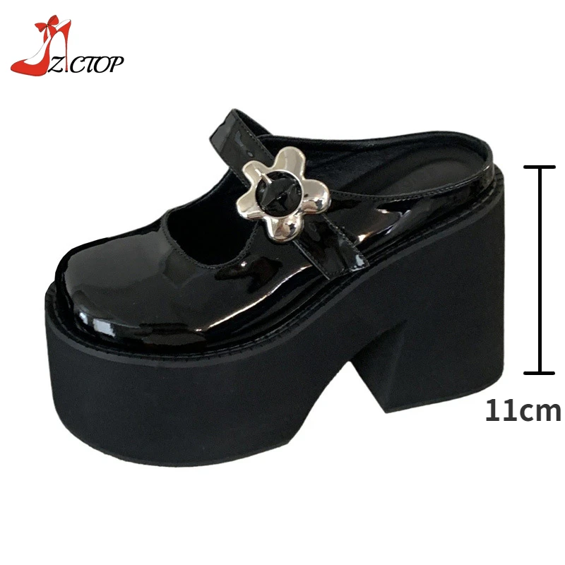 Black Block Heels Patent Leather Women Pumps Punk Lolita Closed Toe Platform Sandals Chunky High Heeled Slippers Summer Shoes