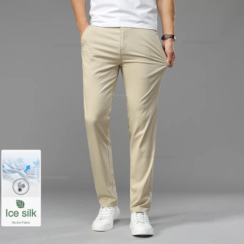 Summer Ultra-thin Men\'s Ice Silk Casual Pants Soft Comfortable Solid Color Elastic Business Straight Trousers Brand Biege Khaki