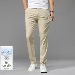 Pantalones informales ultrafinos de seda de hielo para hombre, Pantalones rectos elásticos de negocios de Color sólido, suaves y cómodos, de marca, Color caqui, Verano