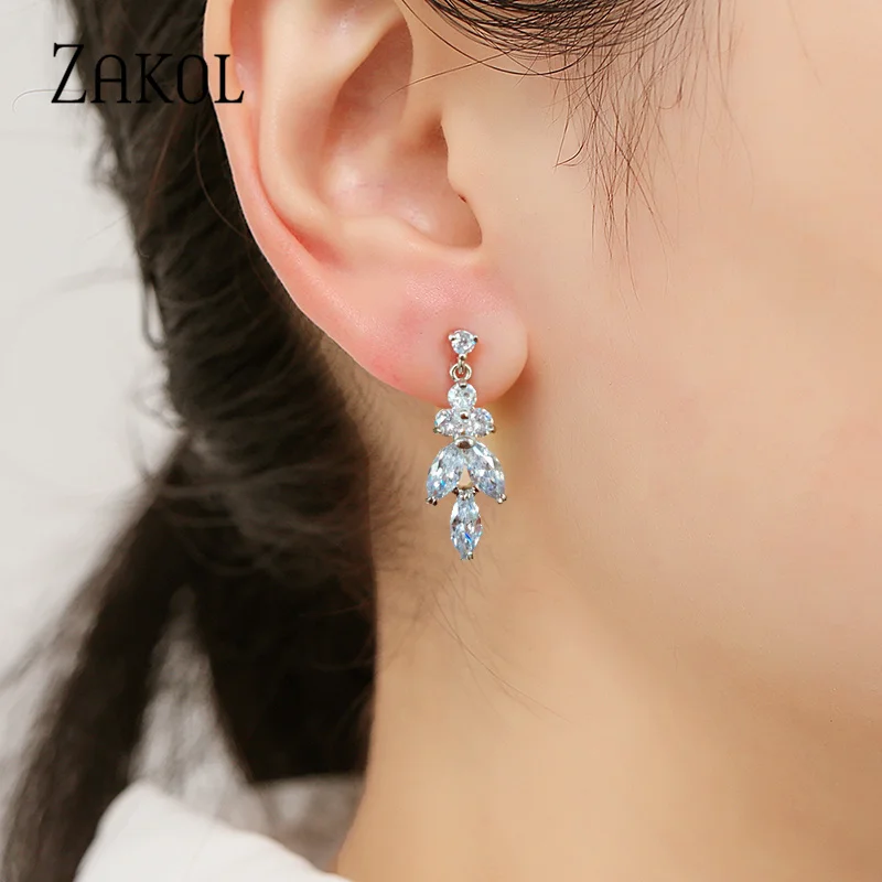 ZAKOL Shinny Leaf Dangle Earrings for Women White Gold Color Cubic Zirconia Bridal Wedding Party Dinner Jewelry EP4048