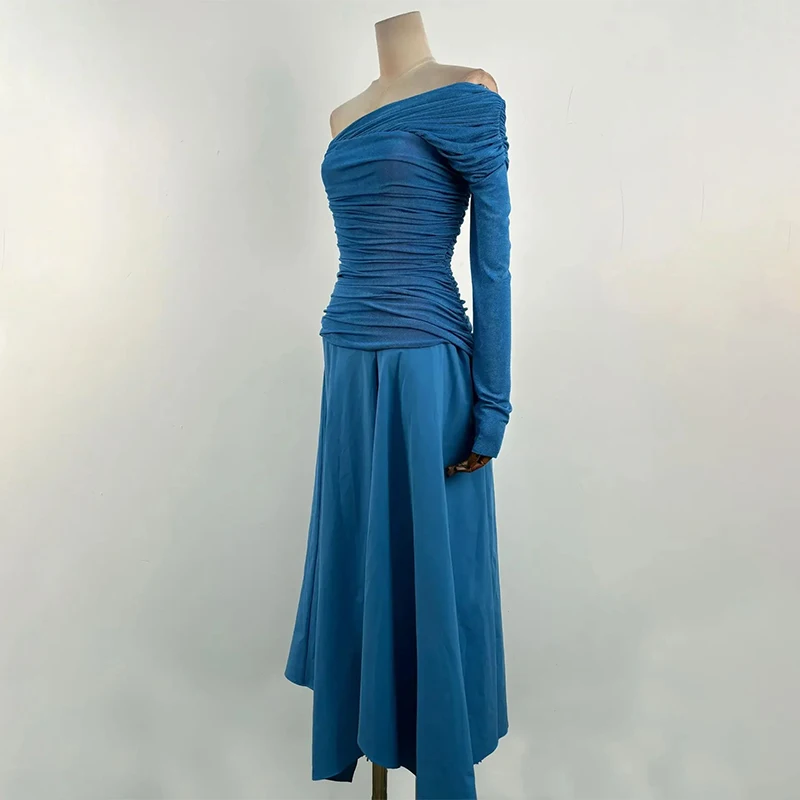 Abito lungo aderente a maniche lunghe monospalla da donna con collo drappeggiato e smock a strati Abiti per invitati a un matrimonio Abiti per le vacanze