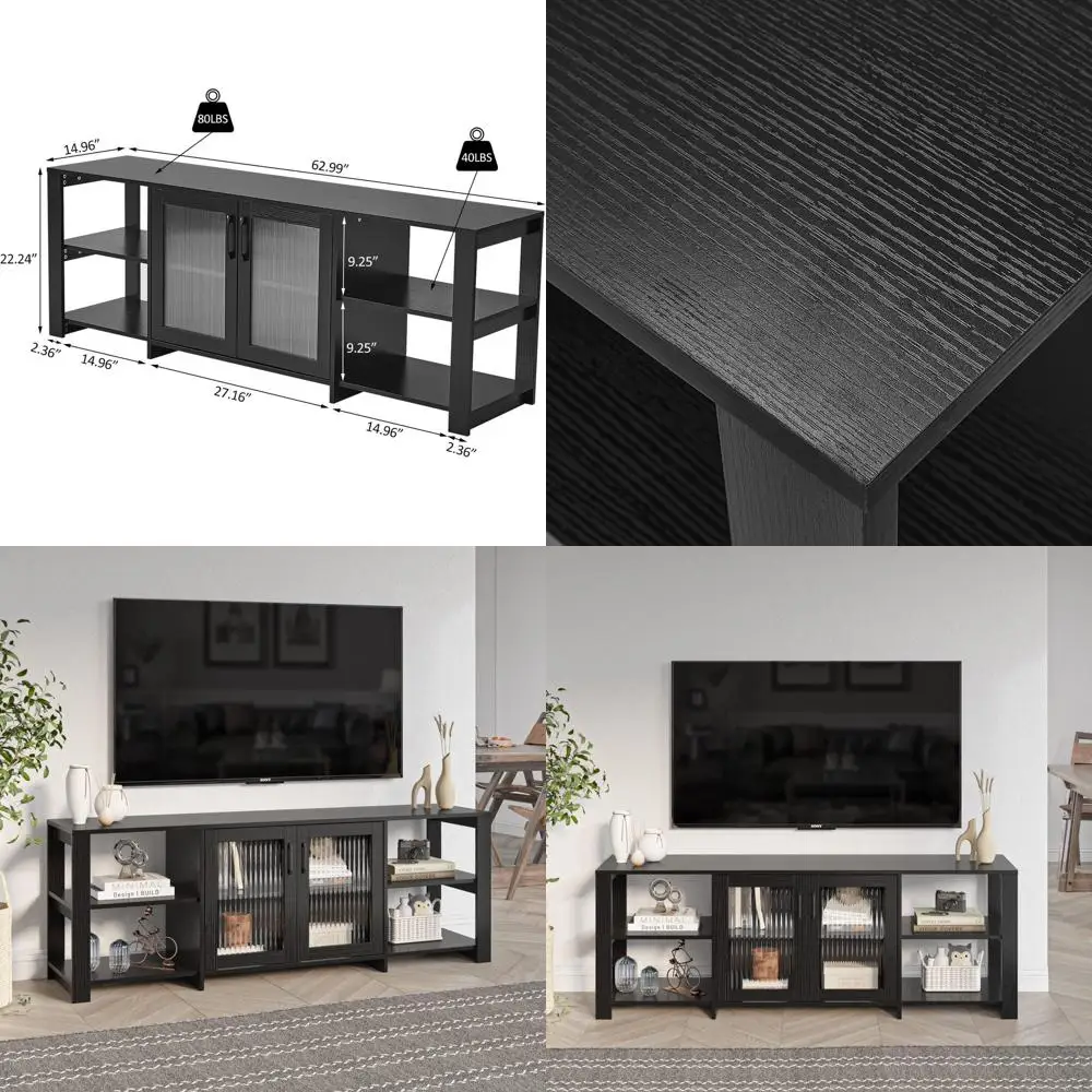 

Black 70 TV Stand: Entertainment Center with 2 Doors, 4 Cubby Shelves for Living/Bedroom Storage