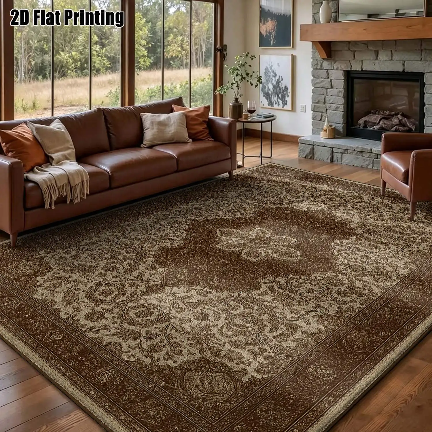 1Pc 2D Printed Retro Brown Floral Carpet European-Style, Geometric Designs, Home Decor, Multi-Size, Machine Washable, for Entryway, Dining Room, Bedroom, Living Room, Etc.