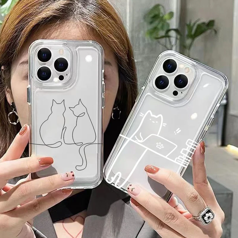 Cute Line Cat Phone Case, Antichoc, Transparent, Soft Cover, iPhone 16, 15, 14, 13, 12, 11 Pro Max, Mini, X, XS, Poly SE, 7, 8 Plus