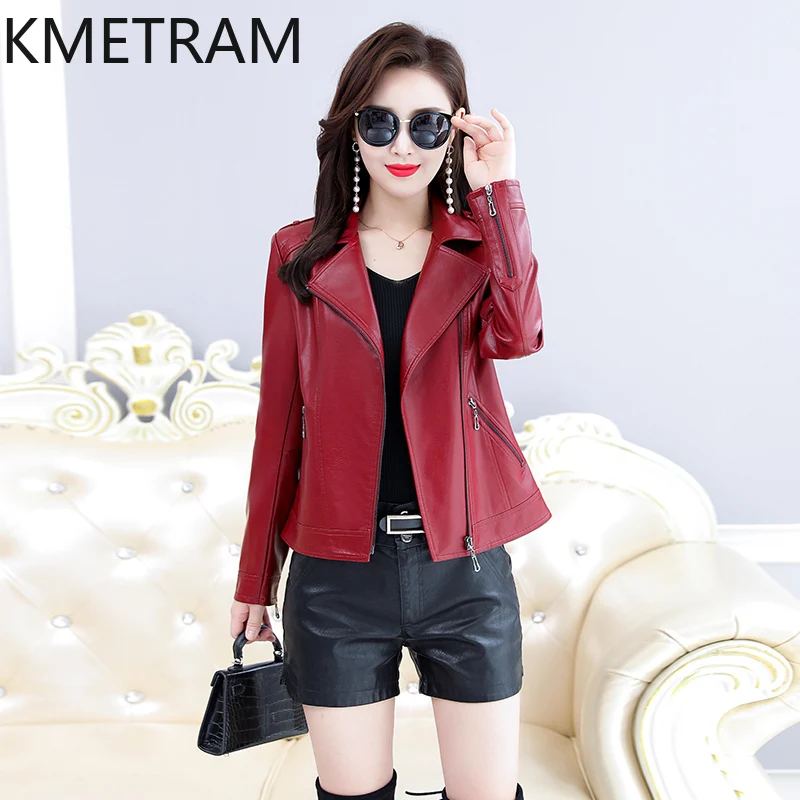 KMETRAM Real Sheepskin Leather Women's Jackets Spring Autumn Short Clothes for Women Motorcycle Versatile Coats Casaco De Couro