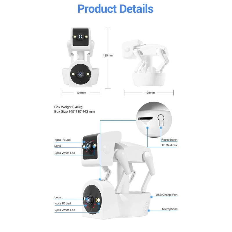 플라스틱 로봇 개 카메라 풀 컬러 PTZ IP 돔 카메라, Yoosee APP AI 휴머노이드 감지 베이비 모니터-EU 플러그