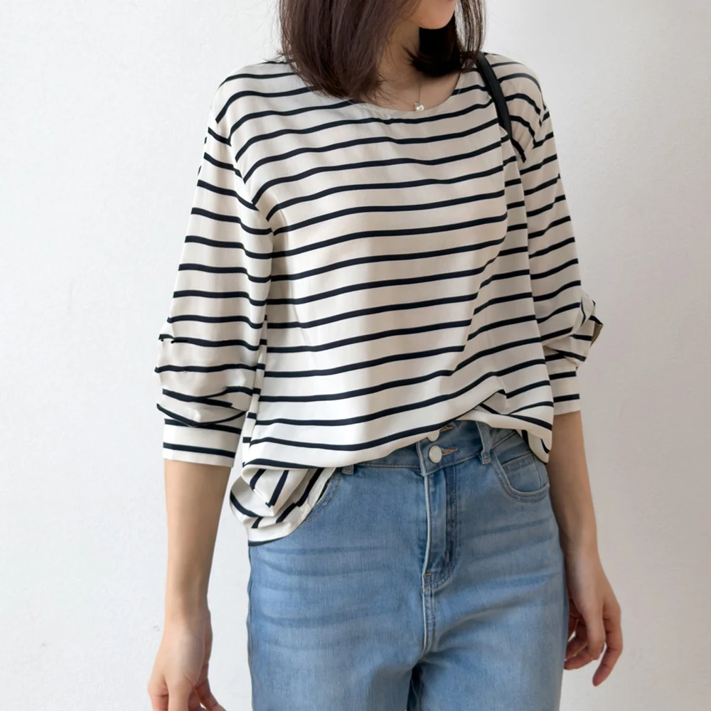 2026 Women's Casual Spring New 100% Natural Mulberry Silk Double Crepe Stripe Simple Versatile Round Neck Long Sleeve T-shirt