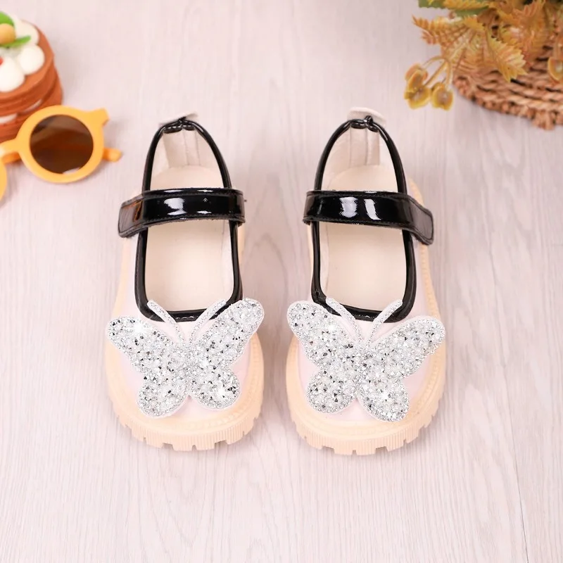 

Kids Flat Shoes with Shiny Butterfly Girls Princess Shoes Soft Bottom Korean Style 2025 Autumn Children Leather Shoes Non-slip