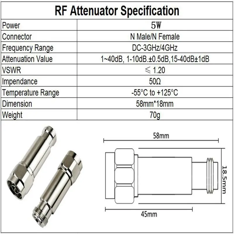 5W N-Type RF Coaxial fixed attenuator 1db,2db,3db.5db,6db.10db.15db.20db.30db,40dB,50dB, DC-4GHz 50ohm