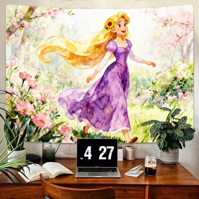 

1 шт., акварельный розовый гобелен с цветочным рисунком Диснея Рапунцель, современное настенное искусство из полиэстера для декора спальни девушки, подарок фанату принцессы