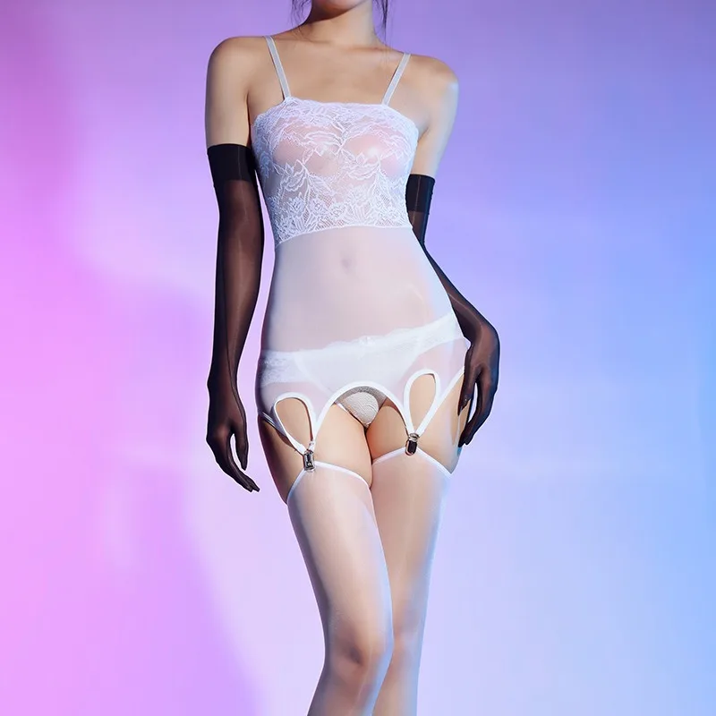 セクシーなレースのストラップレスドレスオイル光沢のあるサスペンダーストッキング女性のセクシーな魅惑的なランジェリーストッキングエロシースルーロンパース
