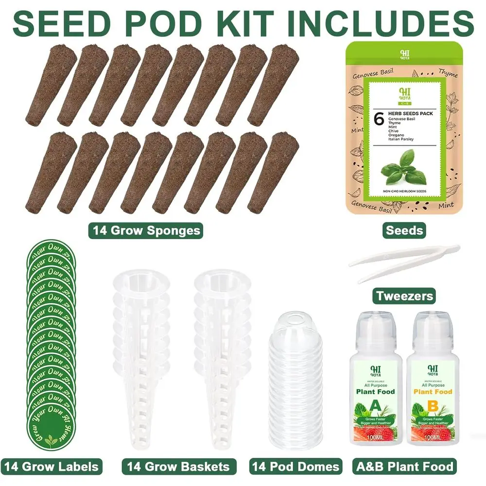 مجموعة أدوات بدء بذور الأعشاب الذواقة مكونة من 14 قطعة: الريحان، البقدونس، الزعتر، النعناع، الخمر، أوريجانو - متوافق مع الزراعة المائية