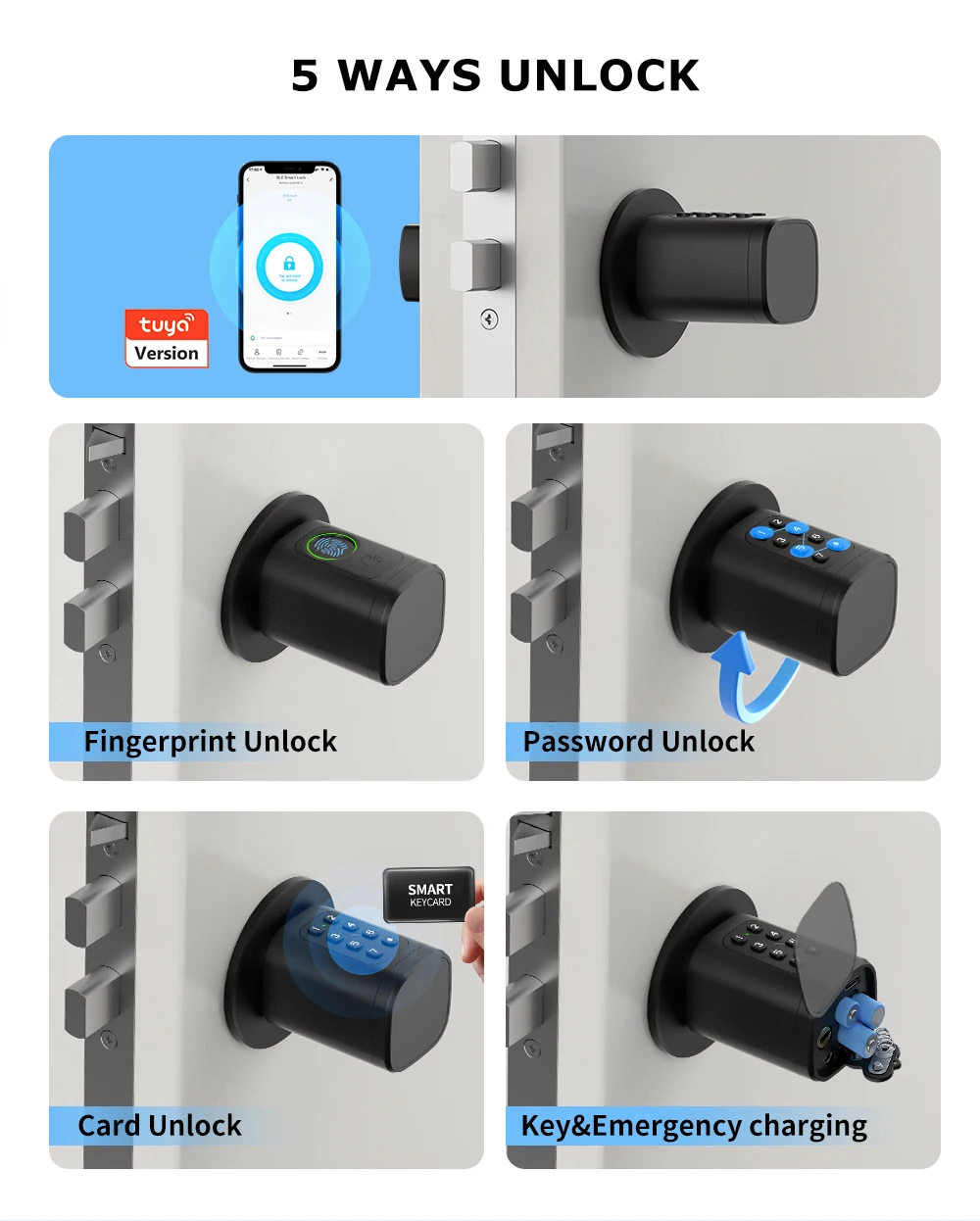 Smartlife Tuya Smart Adjustable Cylinder Lock 5-in-1 Unlocking Ways Europe Biometric Fingerprint PIN code Keyless Lock