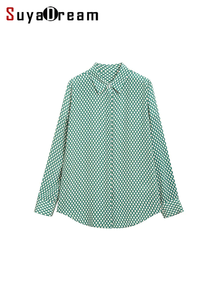 SuyaDream, Woman Printed Shirts, 100%Silk Crepe, Long Sleeves, Geometric Checks Blouses, 2024 Spring Summer Top Green