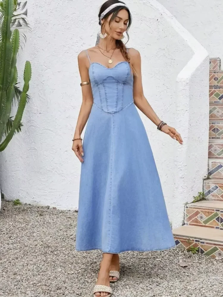 

Повседневное синее джинсовое платье-сарафан для женщин, шикарное, без рукавов, с квадратным вырезом, с завышенной талией, 2026, для отпуска и улицы, Vestido