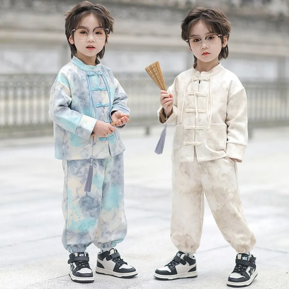 

Boys And Girls Sets Coat Pants Two-piece Tang Suit Children's Chinese Hanfu Style Spring Autumn Tie-dyed Frog Fashion Sets