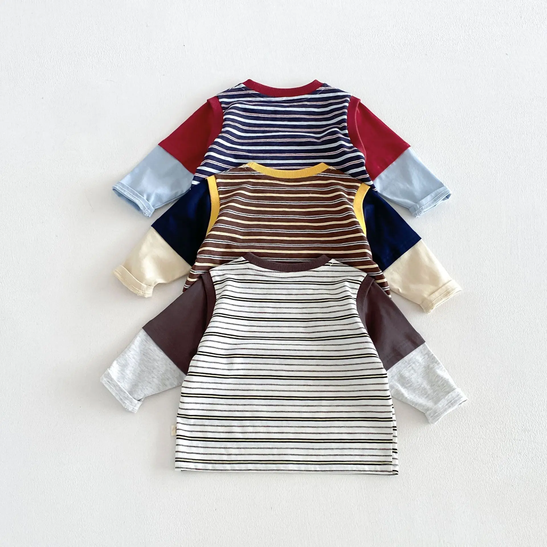0-8Y Autumn Boys Long Sleeve Shirt Striped Fake Two-Piece Kid's Shirt Boy's Clothing Patchwork Cotton Basic Top for Kids