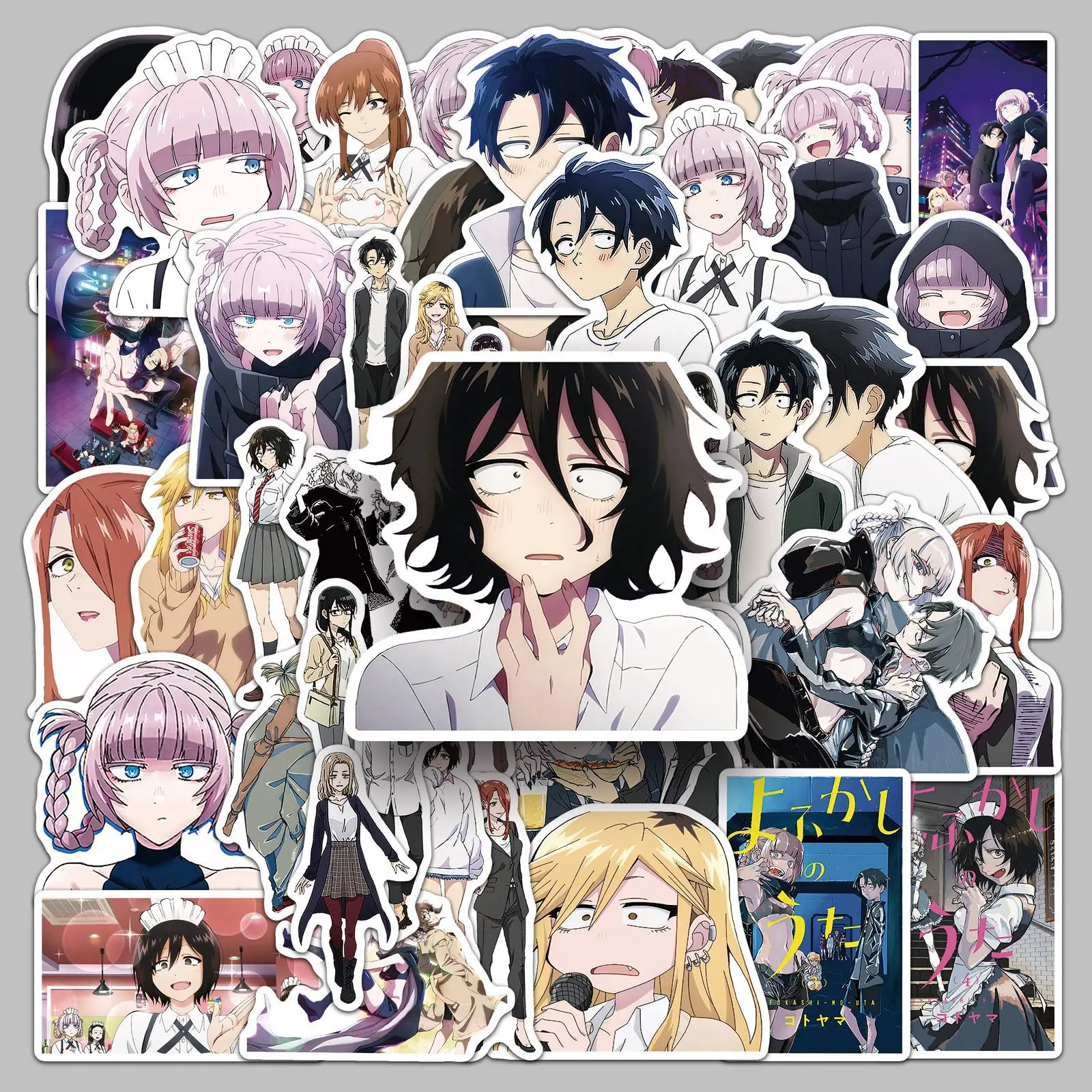 50 Uds Anime japonés Yofukashi No Uta pegatinas de grafiti impermeables para maleta álbum de recortes teléfono portátil decoración calcomanías