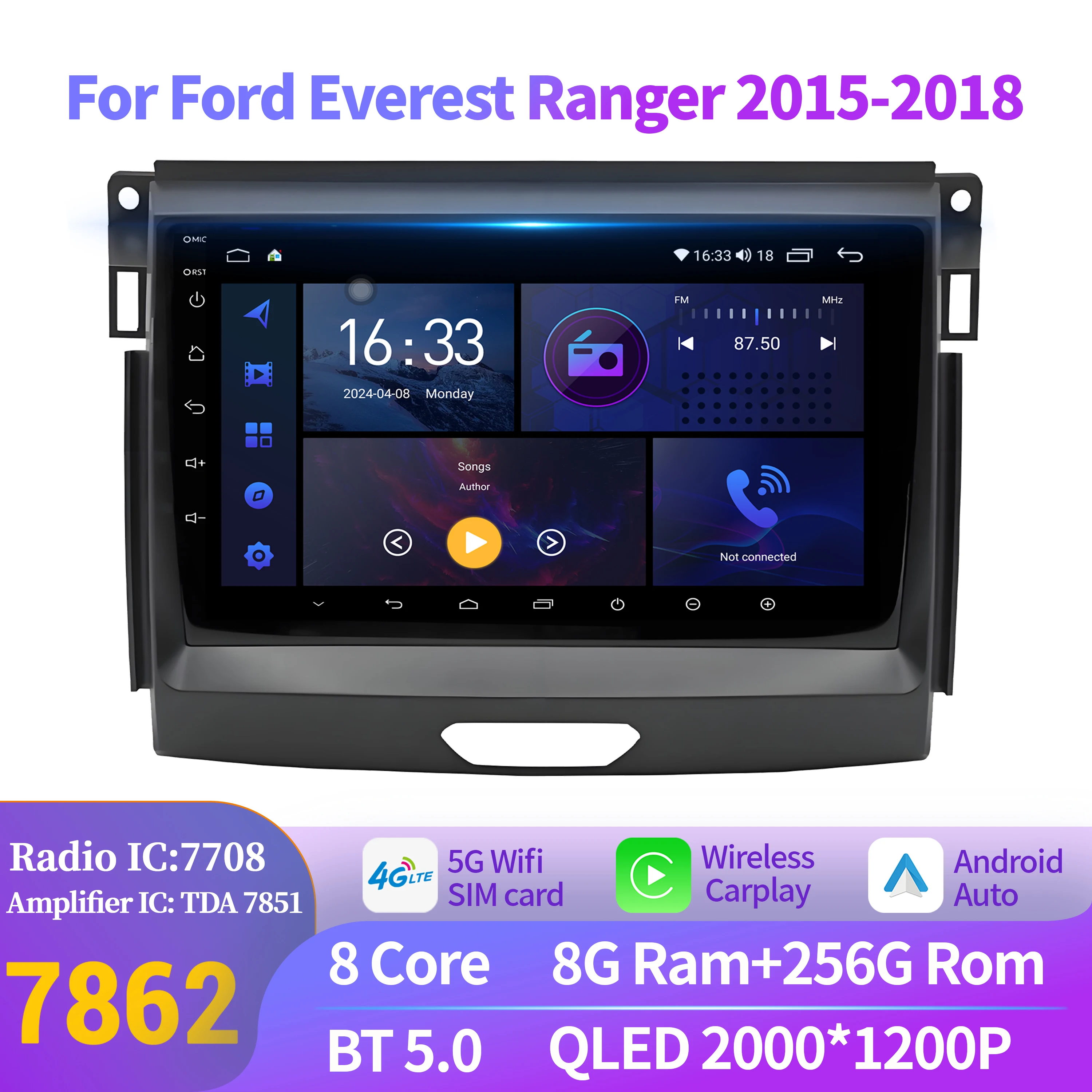 

For Ford Everest Ranger 2015-2018 Android 14 Car Radio Multimedia Navigation Bluetooth Stereo Wirelss BT Carplay 2K QLED Screen