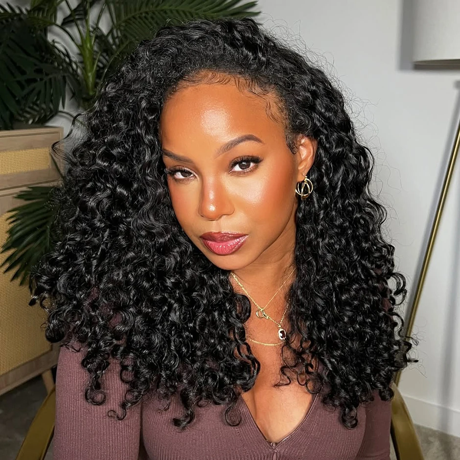 Kinky Curly 3 IN 1 Half Wigs Human Hair Glueless Wig Wear Go Wigs With Drawstring Seamless Clip Ins Flip Over ISEE HAIR