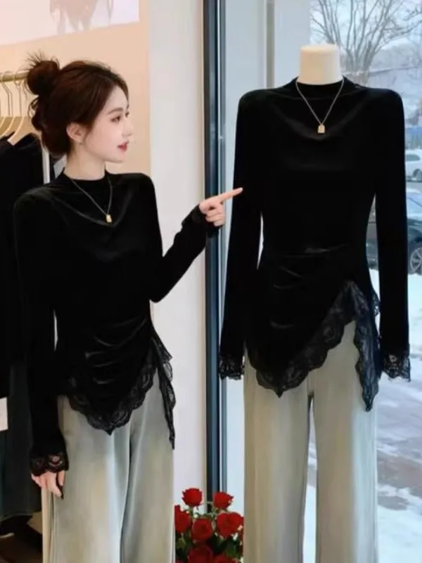 

plus Size Lace Asymmetrical Inner Wear Velvet Base irt Women's Autumn Winter Bla Silk Velvet under irt Ladies T-irt