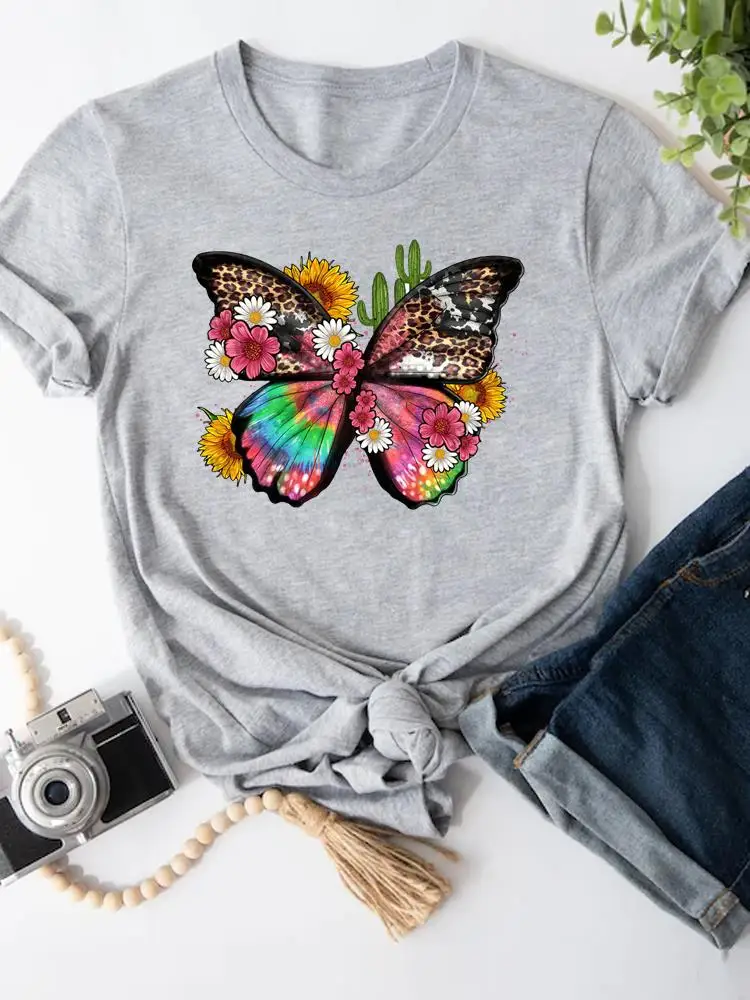 

Cactus Butterfly Lovely Fashion Summer Cartoon Shirt Clothing Short Sleeve T-shirts Women Female Print T Top Graphic Tee