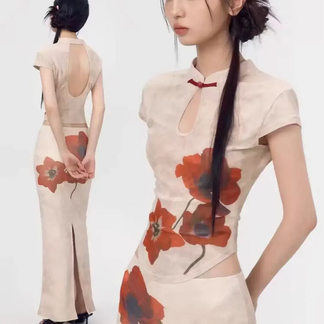 

Sweet Hot Girl Chinese Style Suit Women's Summer Stand Collar Backless Short-sleeved Top High Waist Hip Wrap Skirt Two-piece Set