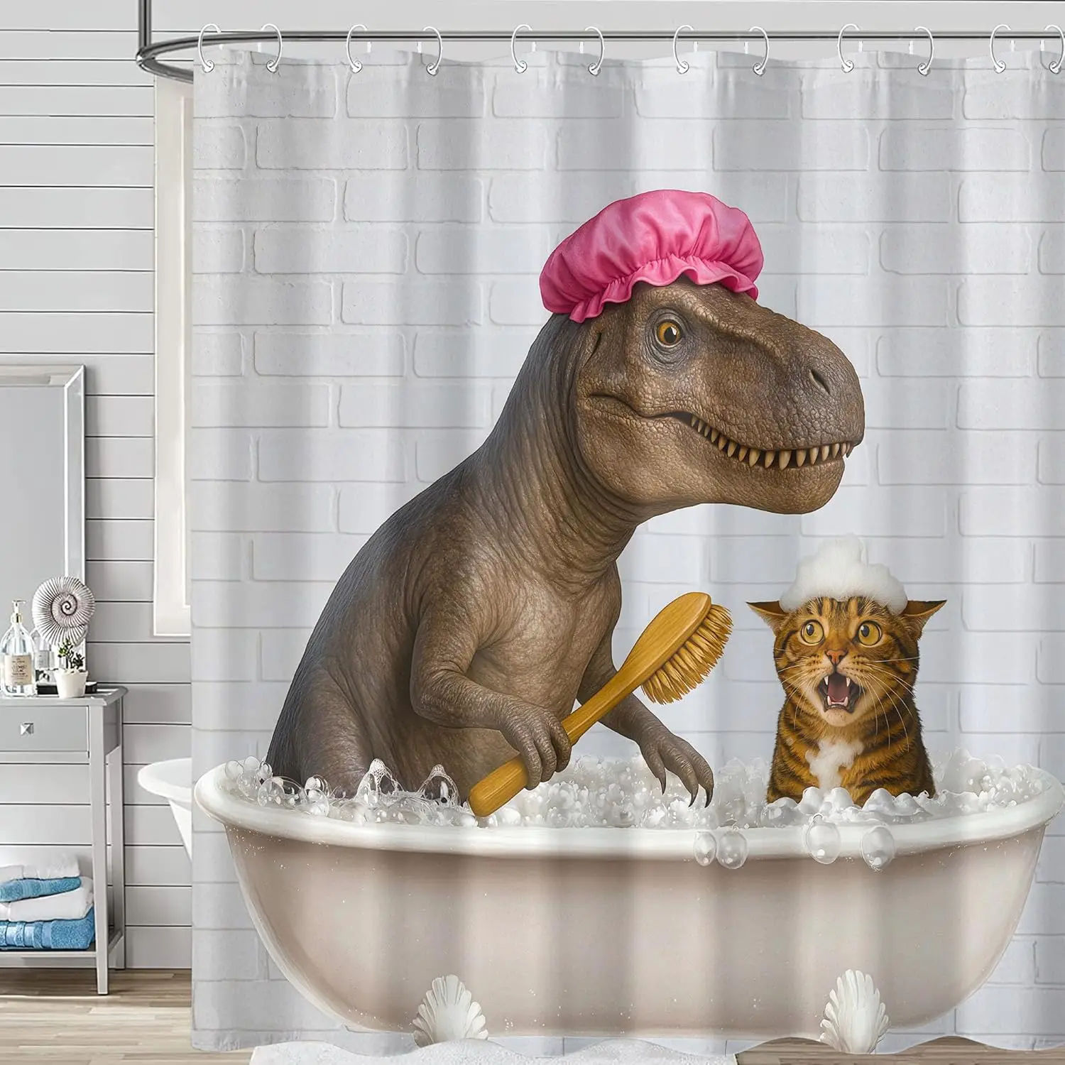 Funny Dinosaur Shower Curtain with Cat in Bathtub Humor Art for Kids Bathroom