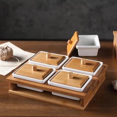 Ceramic Dried Fruit Tray Living Room Creative Household Japanese-style Split Snack Tray With Lid Candy Nut Melon Seed Tray