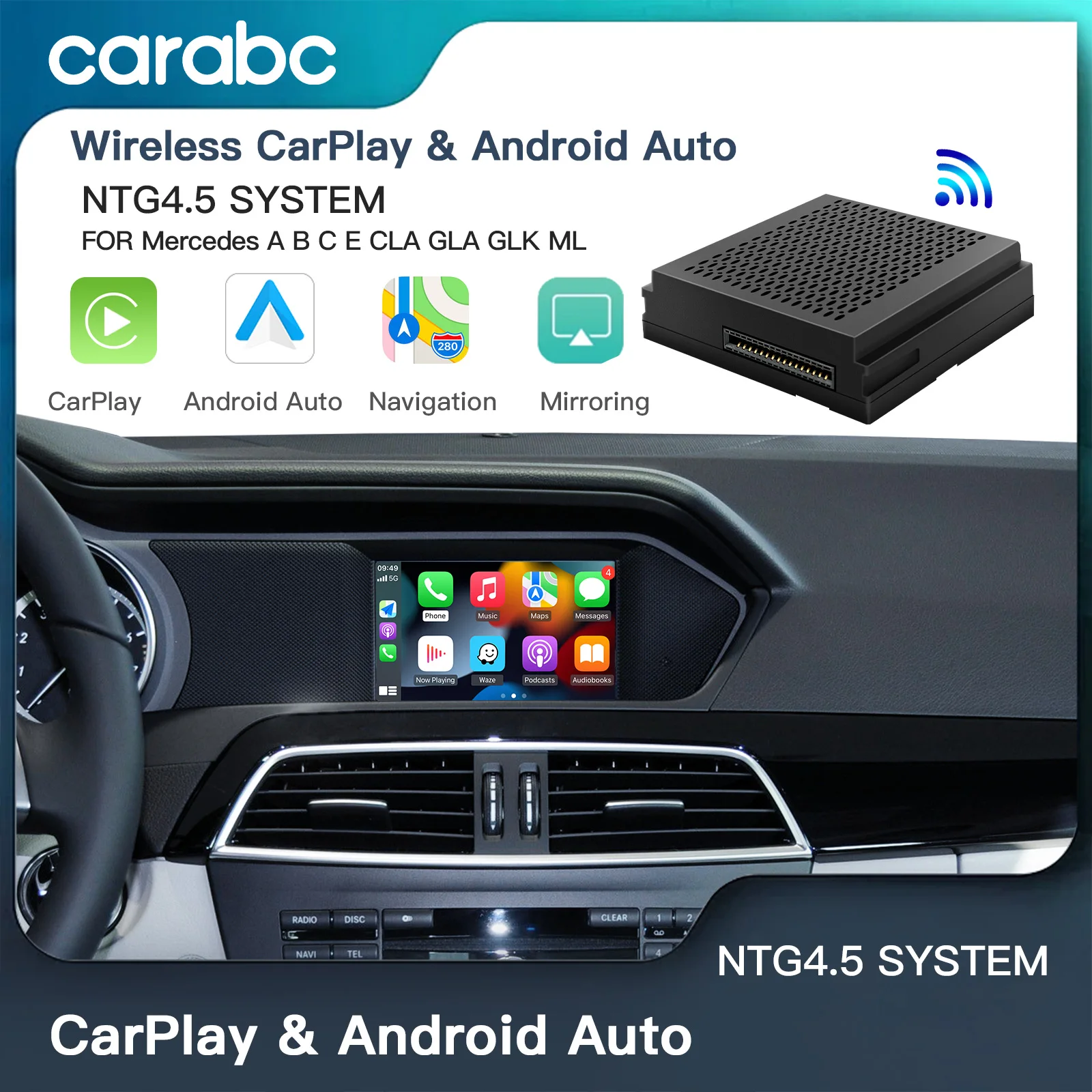 CARABC CarPlay ไร้สายสําหรับ Mercedes Benz Android ความมันวาวในการใช้งาน Link funkcja รุ่น A, B, C, E, CLA, GLA, GLK, ML, NTG4.5