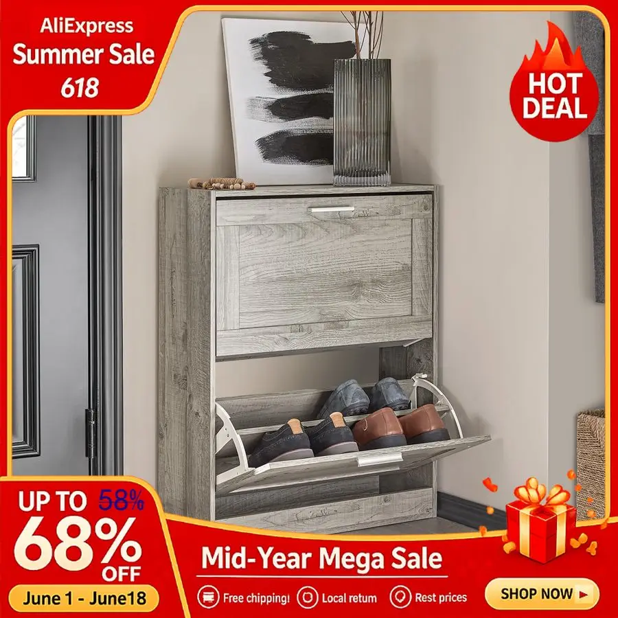 

Enclosed Shoe Rack for Entryway, Narrow Shoe Cabinet with 2 Flip Drawers, Slim Shoe Storage Organizer for Hallway, Custom