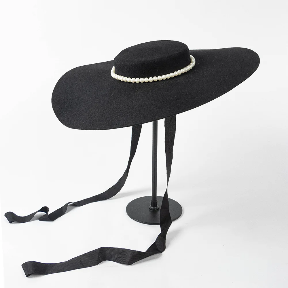 King Wheat Wide Big Brim Pearl Wool Flat Formal Wedding Women Fedora Stage Show Felt Cap Winter Bandage Lady Fashion Top Hat