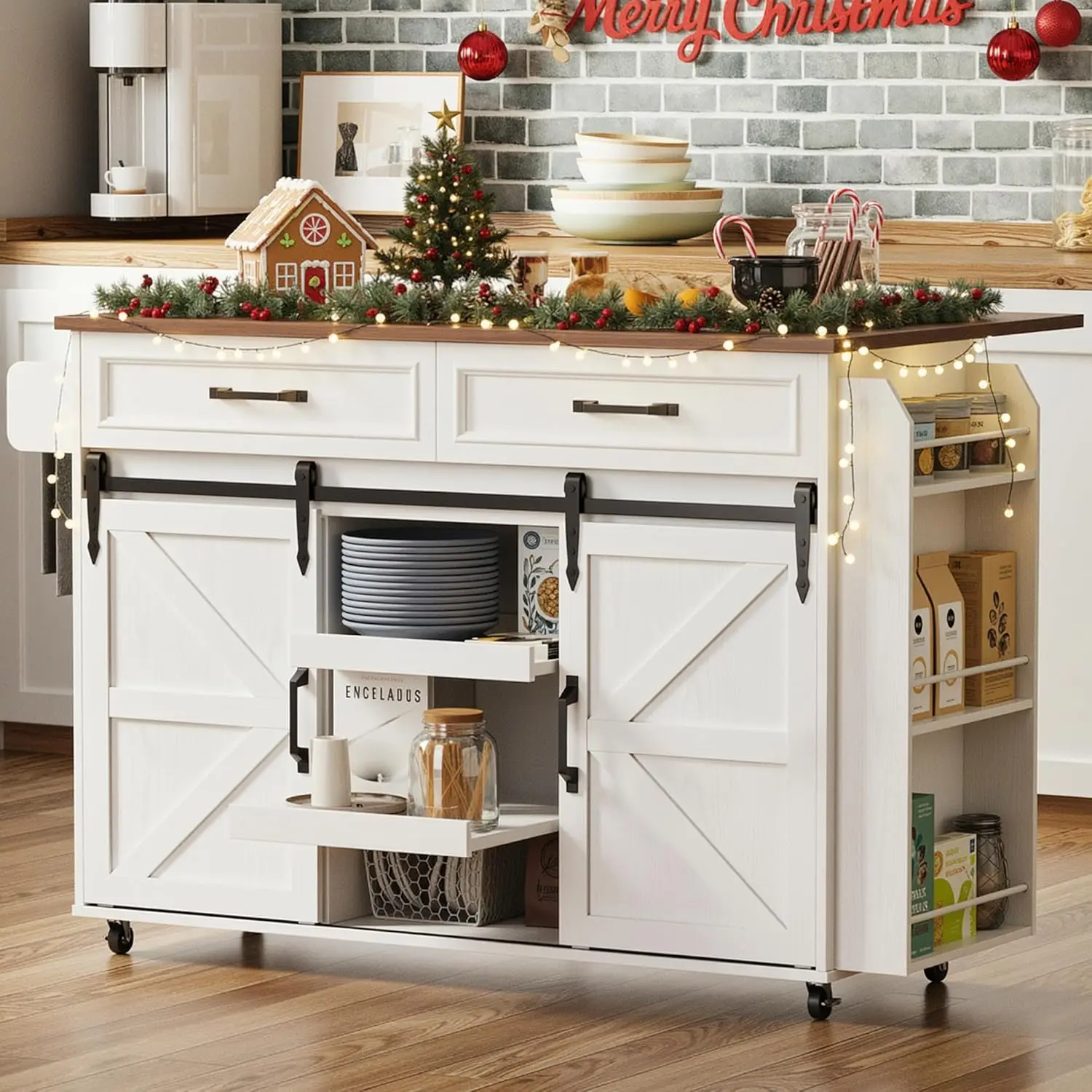 

Rolling Kitchen Island Cart with Drop Leaf Countertop, Pull-Out Shelf, Barn Doors for Dining Room and Home Bar in White