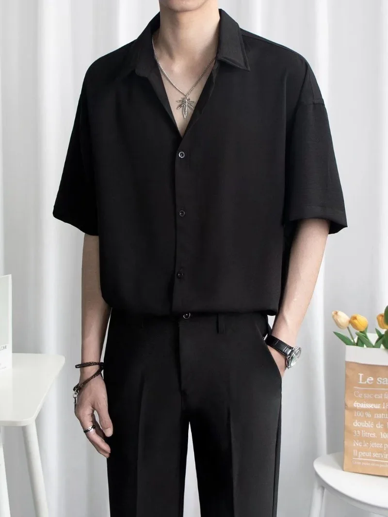 Men Summer Short Sleeve Set Trendy Premium Thin Loose Fit Casual Draping Ice Silk Solid Color Shirt view 4