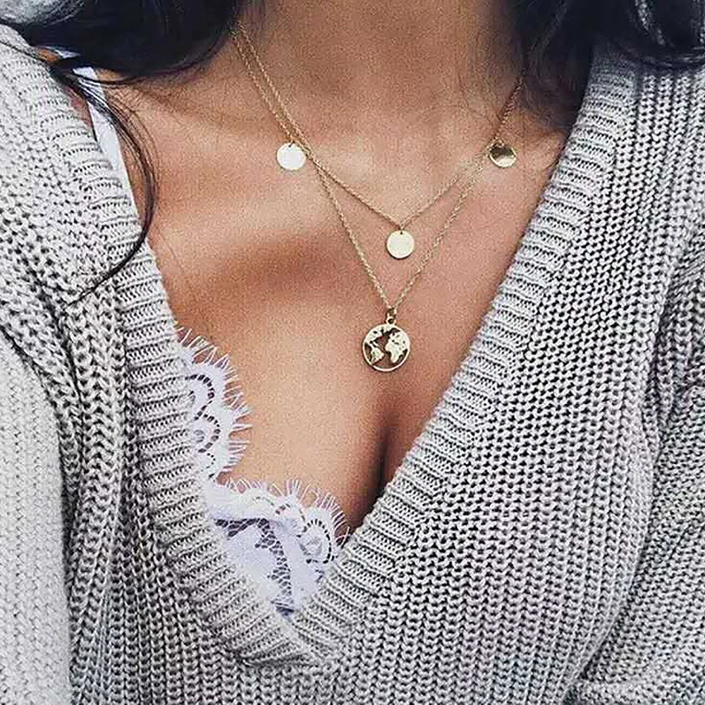 New INS Style Round Shape Pendant Neck Chain Geometry Multi Layer Necklace For Women Trendy Jewelry Party Gifts