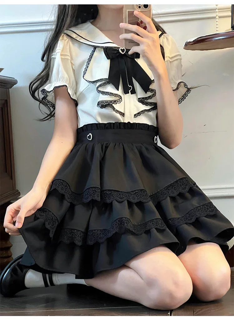 Japanese Short Sleeve White Top and Slimming High Waist Short Skirt Suit Women Outfits Original Mine Vintage Court Style Shirt