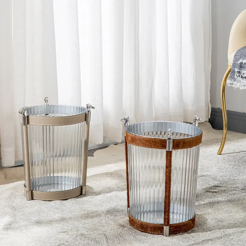 Luxury Trash Can Transparent Decorative Trash Bin Stainless Steel Leather Horsehair Litter Bins Living Room Room Office Dustbin