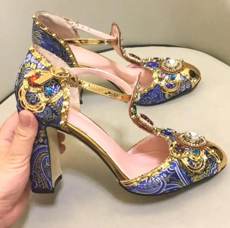 Rhinestone Gem Pearl Embellished Print Flower Embroidery T-belt Sandals Women's Mary jane Pumps Block Heel Gold Toe Shoes