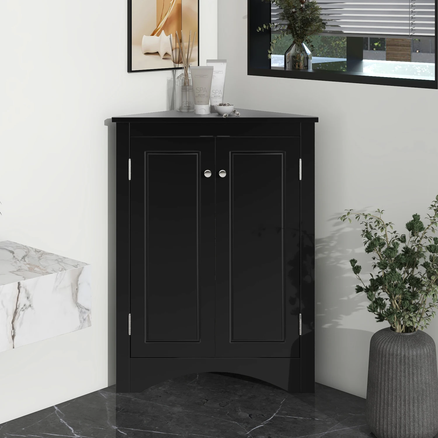 

Black Triangle Bathroom Storage Cabinet with Adjustable Shelves, Freestanding Floor Cabinet for Home Kitchen