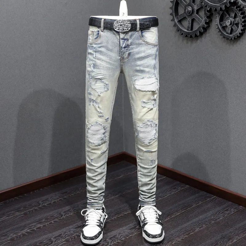 Y2K High Street Stretch Slimming Washed Light Blue Jeans with White Leather Splicing Patch Hip Hop Brand Pants for Men