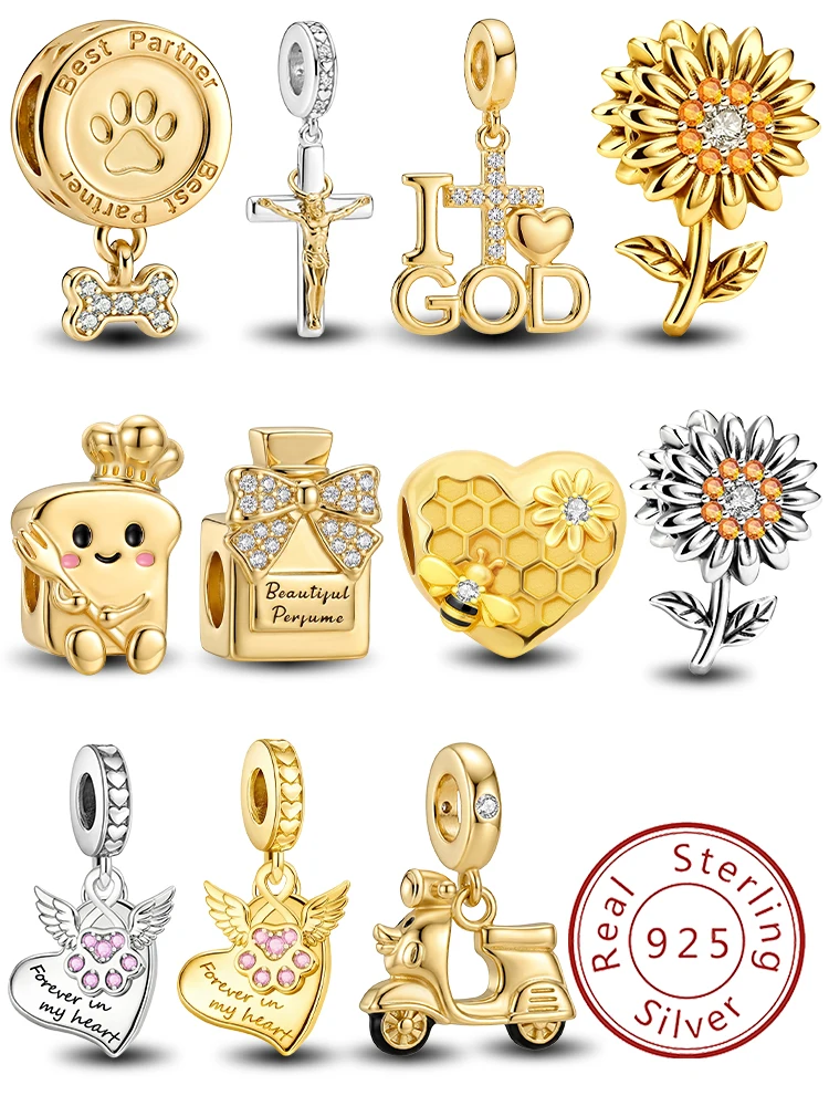925 Sterling Silber Hundeschüssel Sonnenblume Motorrad Gold Serie Charm Anhänger für Armbänder DIY Damen Hochwertiger Edel-Schmuck